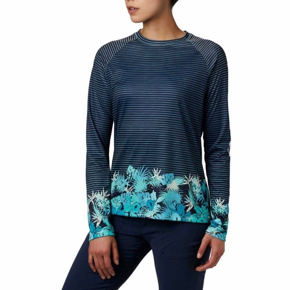 Columbia Women’s PFG Super Tidal Tee II Long Sleeve Shirt Blue Stripes Size M